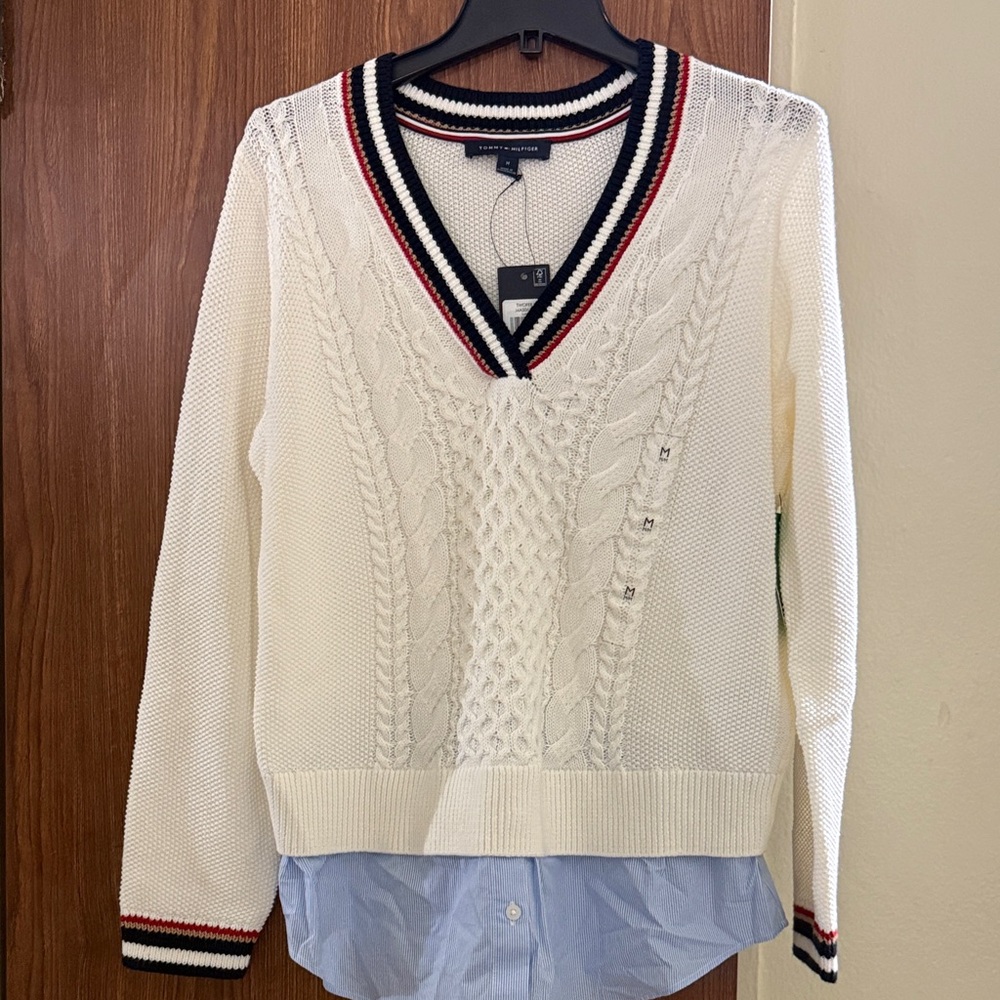 Tommy Hilfiger Cream V-Neck Cable Knit Sweater